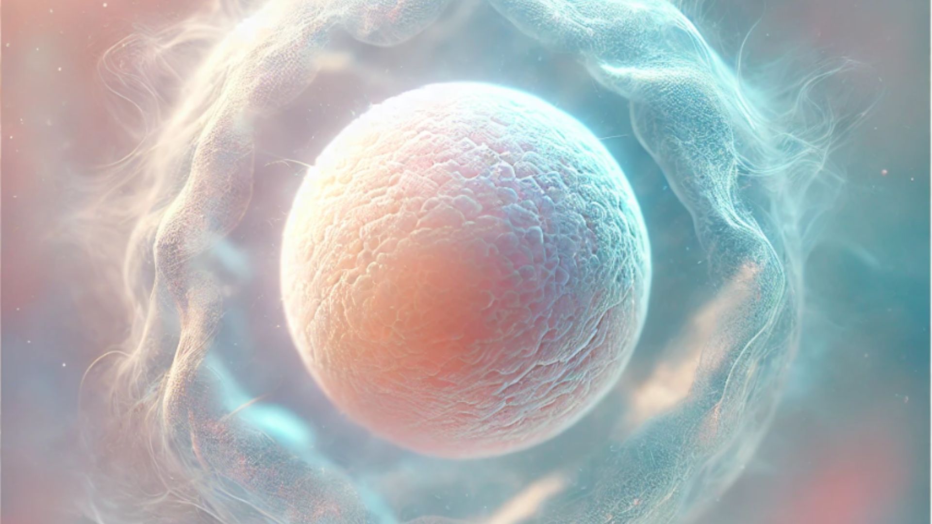 Komórka jajowa - artystyczna wizja stworzona przez AI inspirowana naukowymi zdjęciami z mikroskopu